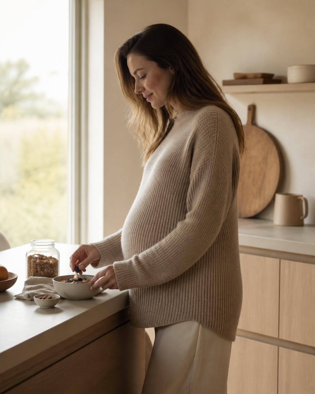 Gravid kvinne i strikkegenser som lager frokost i et lyst kjøkken